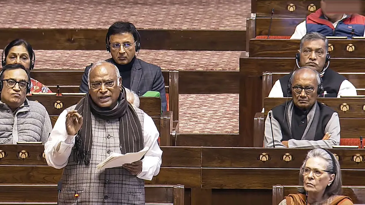 LoP in the Rajya Sabha Mallikarjun Kharge speaks in the House during the Winter session of Parliament, in New Delhi, Monday, Dec. 16, 2024.