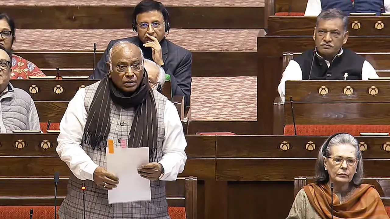 LoP in the Rajya Sabha Mallikarjun Kharge speaks in the House during the Winter session of Parliament in New Delhi on Monday, Dec. 16, 2024.