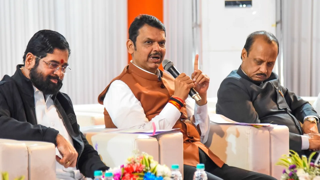 Devendra Fadnavis with Deputy Chief Ministers Eknath Shinde and Ajit Pawar addresses a press conference on the eve of the Winter session of state Assembly in Nagpur on Sunday, Dec. 15, 2024.