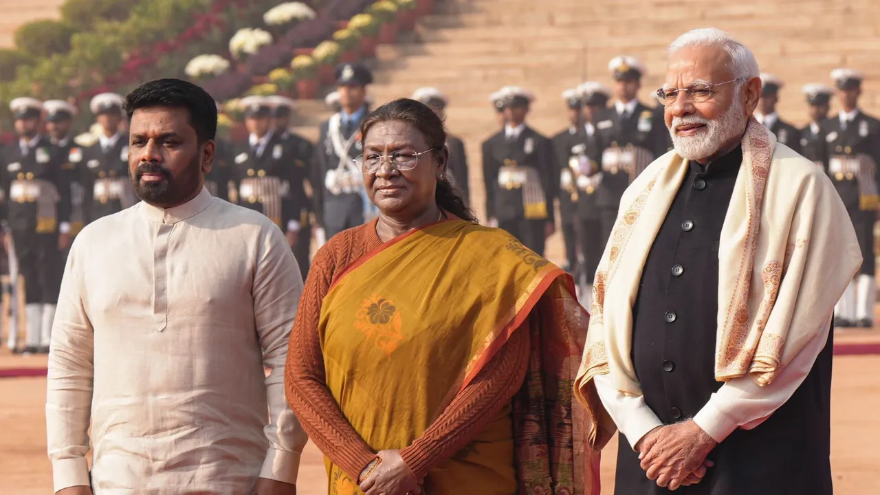 Sri Lanka's President Anura Kumara Dissanayake with President Droupadi Murmu and Prime Minister Narendra Modi poses for photographs after his ceremonial reception at the Rashtrapati Bhavan, in New Delhi, Monday, Dec. 16, 2024.