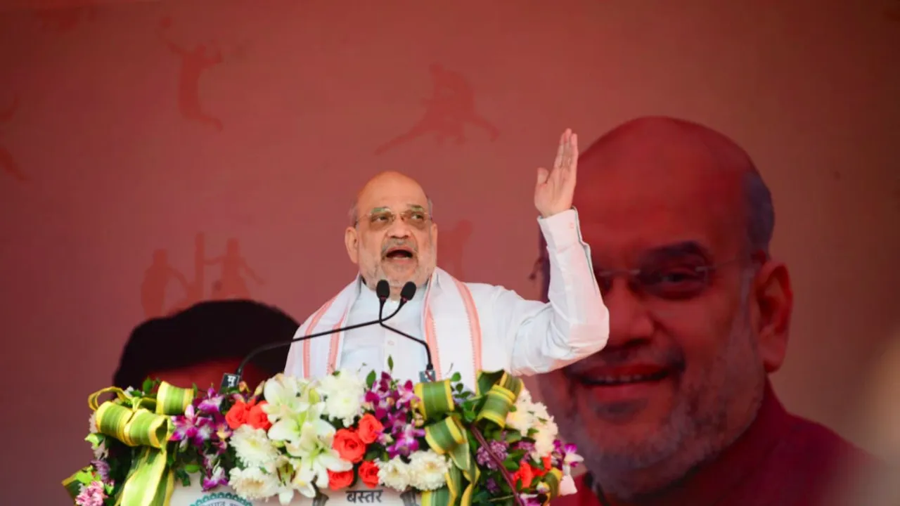 Union Home Minister Amit Shah addresses the gathering during the closing ceremony of 'Bastar Olympics' at Jagdalpur, in Bastar district, Chhattisgarh, Sunday, Dec. 15, 2024.