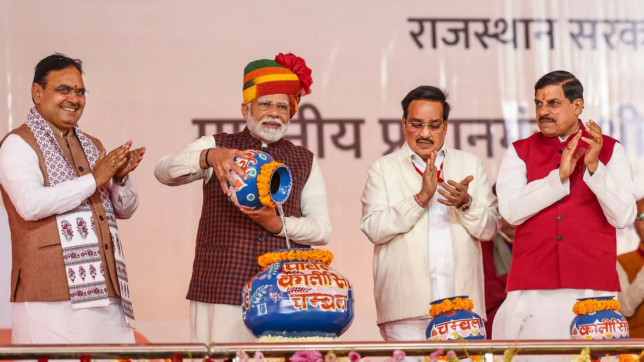 Prime Minister Narendra Modi with Union Minister of Jal Shakti C R Patil, Rajasthan Chief Minister Bhajanlal Sharma, and Madhya Pradesh Chief Minister Mohan Yadav, in Jaipur, Tuesday, Dec. 17, 2024.