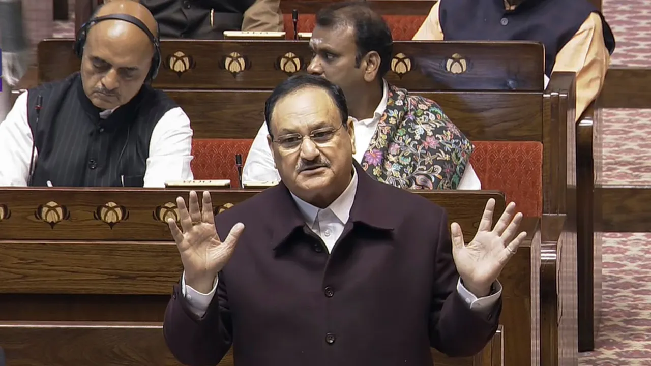 Union Health Minister JP Nadda speaks in the Rajya Sabha during the Winter session of Parliament, in New Delhi, Tuesday, Dec. 17, 2024.