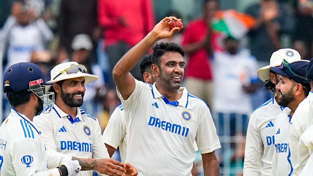 In this Sunday, Sept. 22, 2024 file image, India's Ravichandran Ashwin celebrates with teammates at M. A. Chidambaram Stadium, in Chennai.