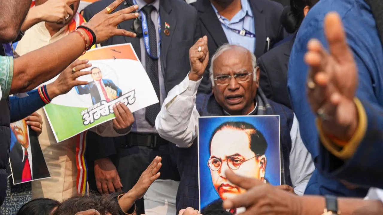  Congress President Mallikarjun Kharge and other INDIA Bloc MPs take part in a protest march, at Parliament complex, in New Delhi, Thursday, Dec. 19, 2024.