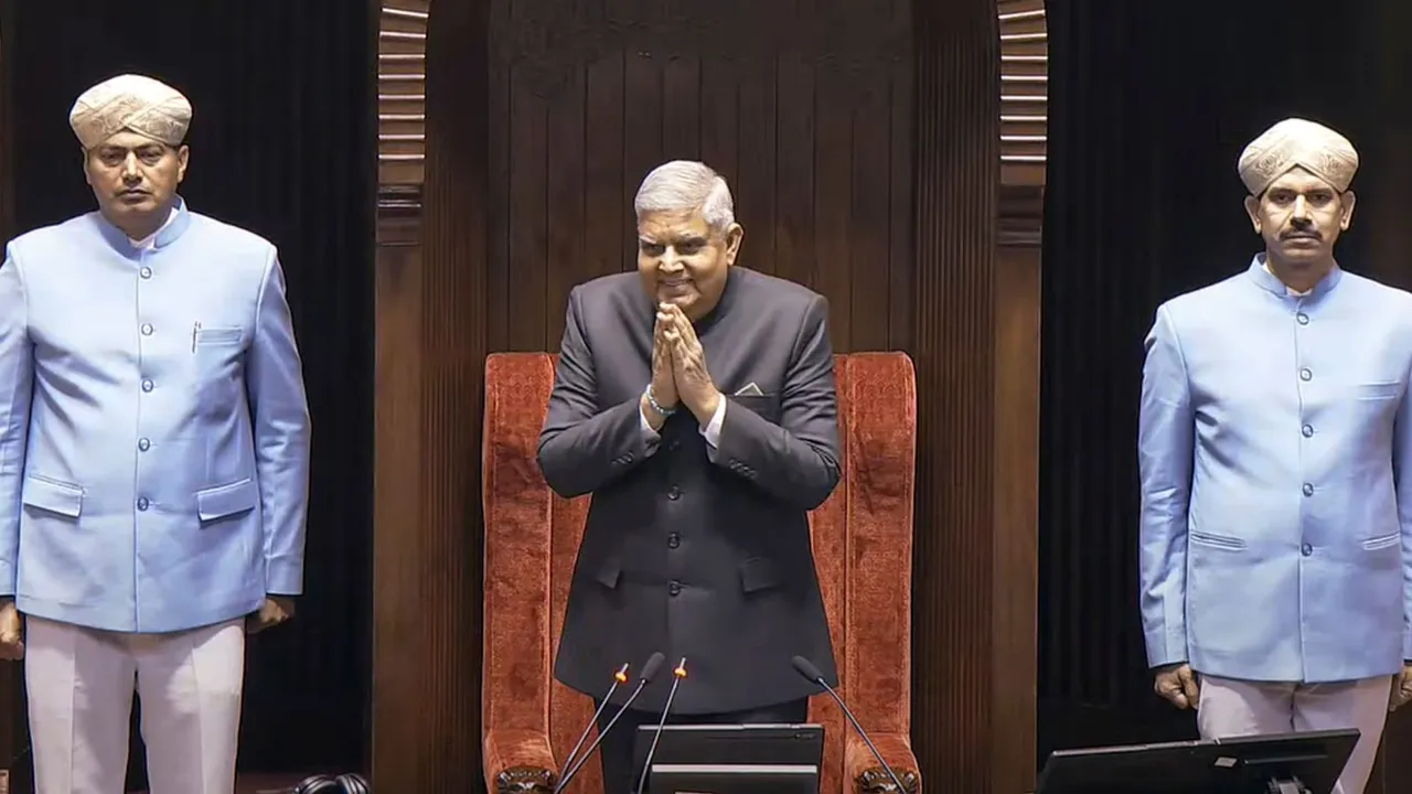 Rajya Sabha Chairman Jagdeep Dhankhar arrives to conduct proceedings in the House during the Winter session of Parliament, in New Delhi, Friday, Dec. 20, 2024.