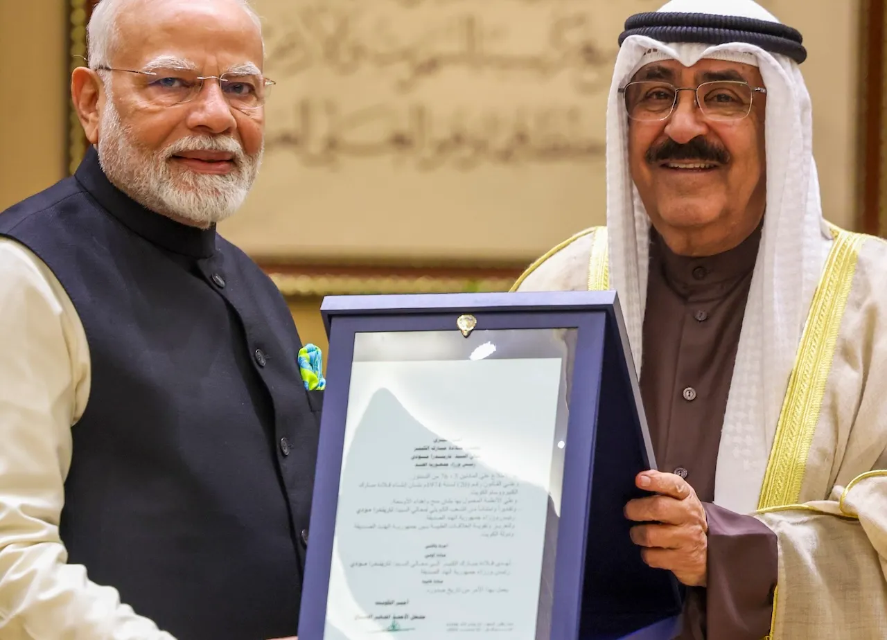 Prime Minister Narendra Modi being conferred with Kuwait's highest honour 'The Order of Mubarak Al Kabeer' by Amir of Kuwait Sheikh Meshal Al-Ahmad Al-Jaber Al Sabah in Kuwait on Sunday, Dec. 22, 2024.