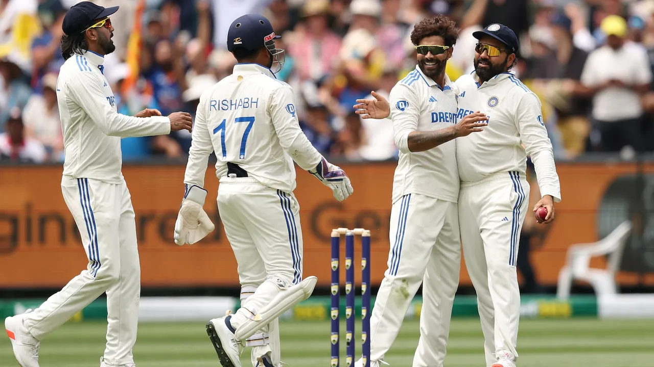 Ravindra Jadeja celebrates with team members after he sends Sam Konstas to pavilion at Melbourne Cricket Ground on Thursday, December 26, 2024.