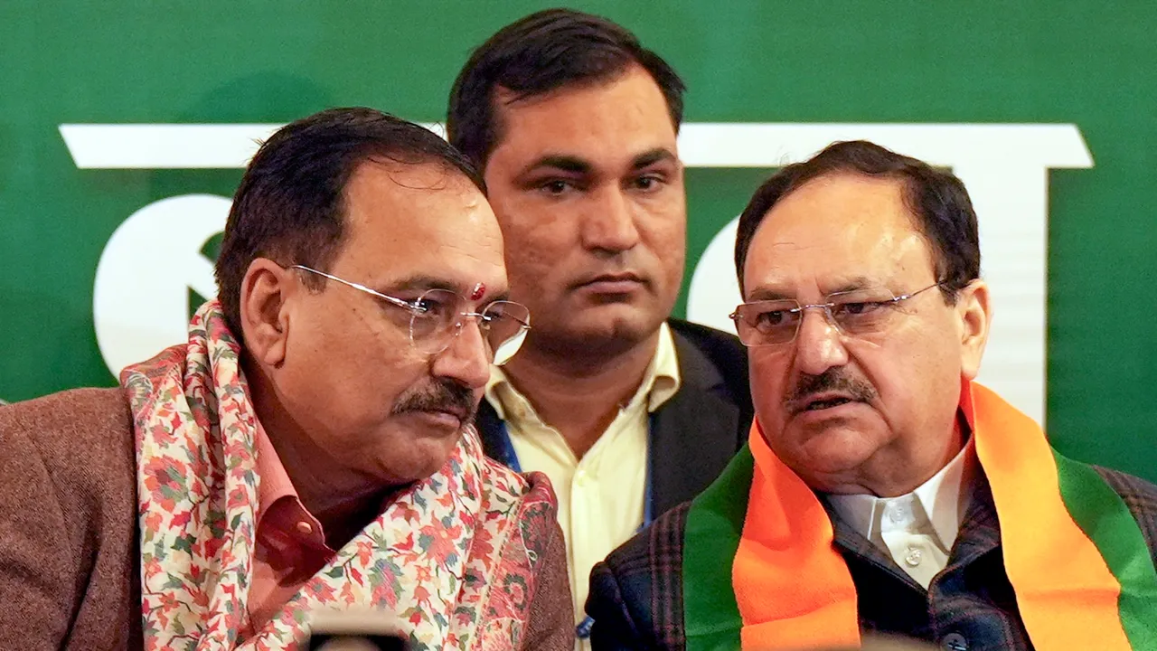 Union Minister and BJP National President JP Nadda with Delhi party President Virendra Sachdeva during the party