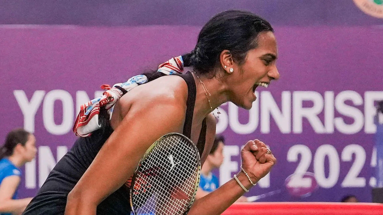 PV Sindhu celebrates after winning her women's singles first round match against Chinese Taipei's Sung Shuo-yun at the India Open 2025 badminton tournament in New Delhi on Tuesday, Jan. 14, 2025.