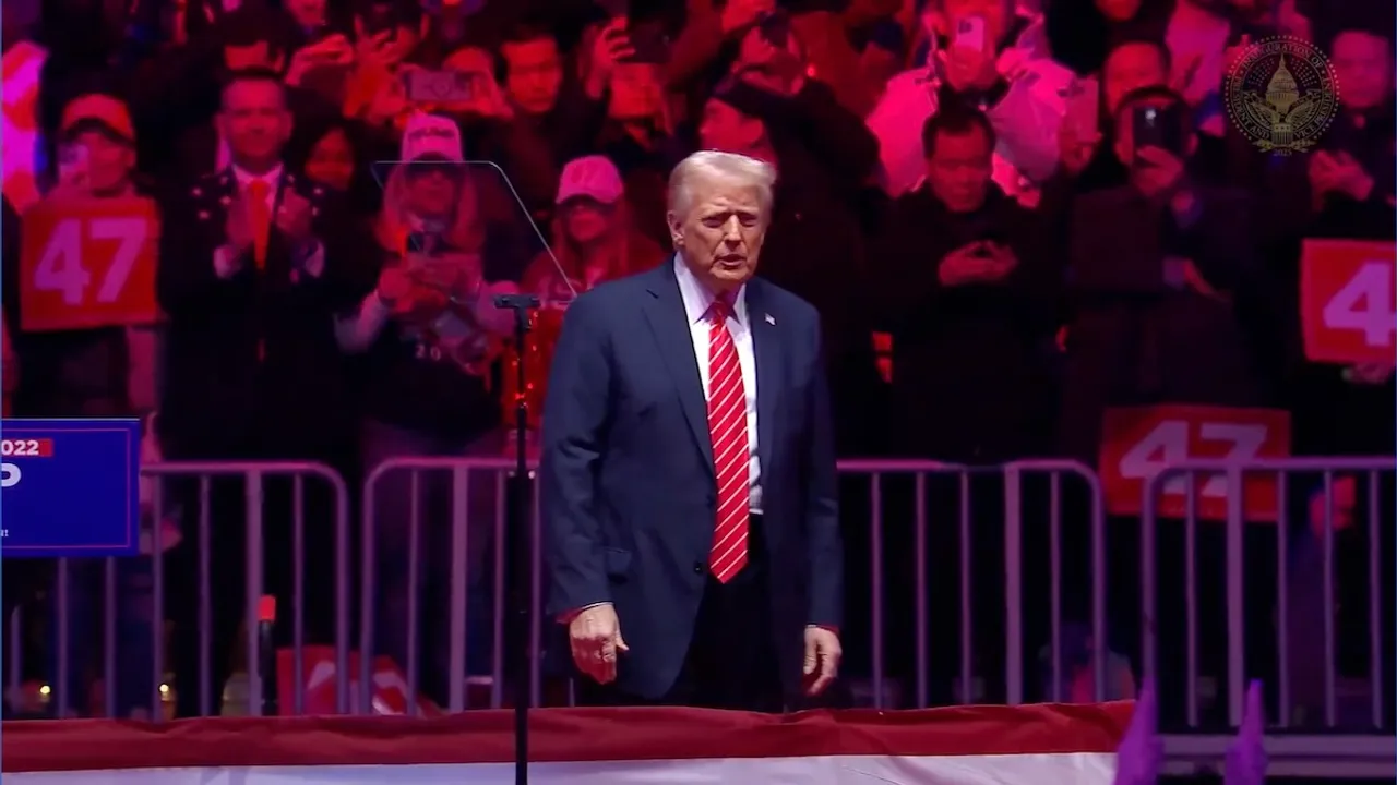 Donald Trump addresses his supporters at the Capitol One Arena on the eve of his inauguration on Sunday, Jan 19, 2024.