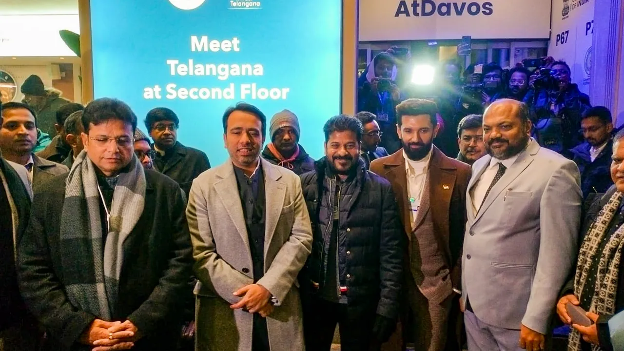 Union Ministers Chirag Paswan, Jayant Chaudhary and others at the inauguration of Indian pavilion at the World Economic Forum (WEF), in Davos, Switzerland.