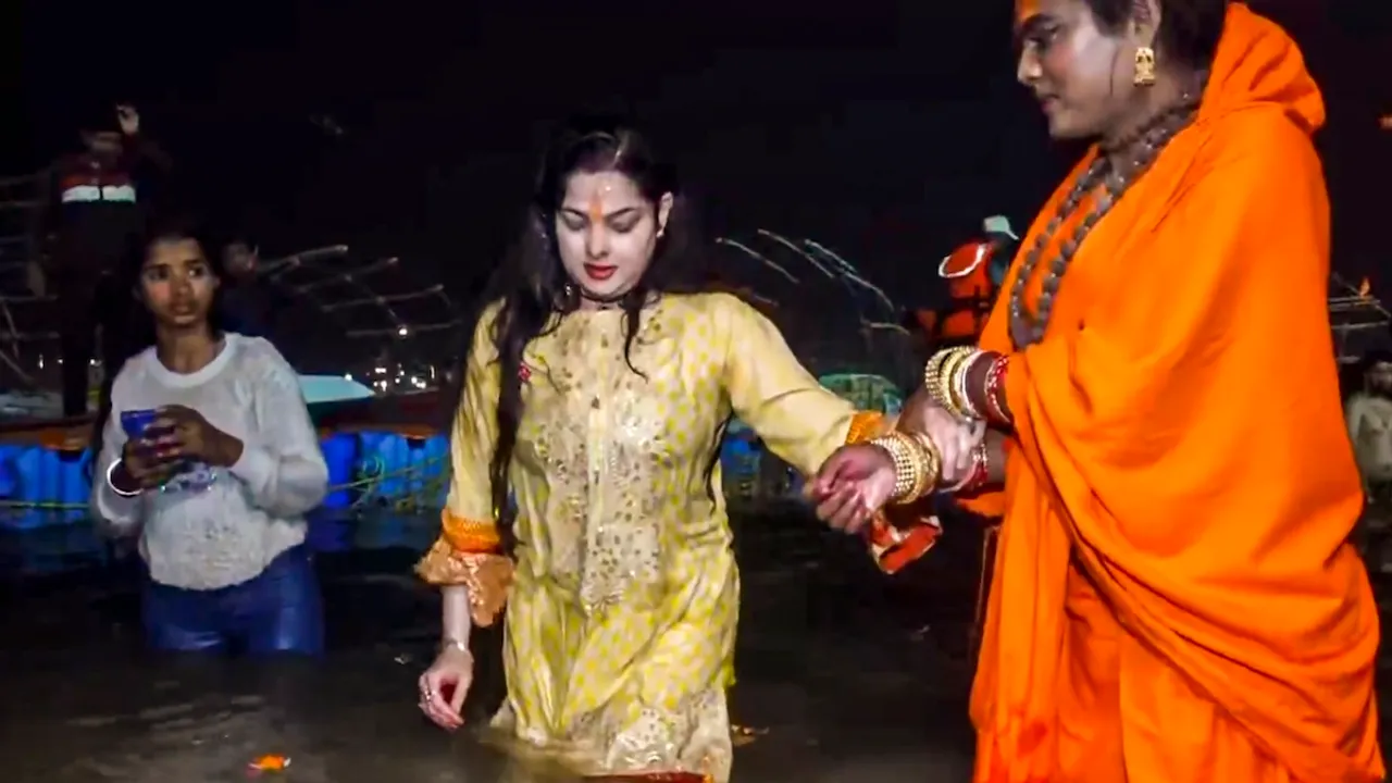 Former actor Mamta Kulkarni takes a holy dip at Sangam during the ongoing Maha Kumbh Mela 2025 in Prayagraj on Friday, Jan. 24, 2025.