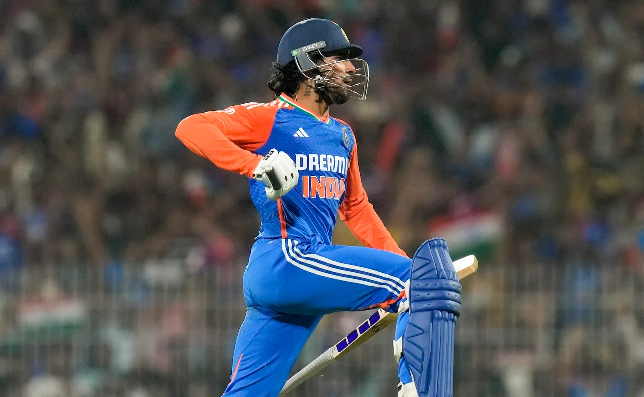 Tilak Varma celebrates after India won the second T20 cricket match against England, at M.A. Chidambaram Stadium in Chennai on Saturday, Jan. 25, 2025.