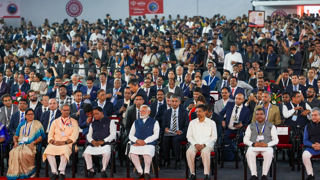 In this image released by PMO on Jan. 28, 2025, Prime Minister Narendra Modi with Odisha Governor Hari Babu Kambhampati, Union Ministers Dharmendra Pradhan and Ashwini Vaishnaw, and Odisha Chief Minister Mohan Charan Majhi during the 'Utkarsh Odisha' - Make in Odisha Conclave, in Bhubaneswar.