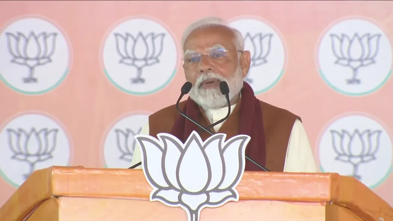 Narendra Modi addressess a rally in Dwarka, New Delhi, on Friday, Jan 31, 2025.
