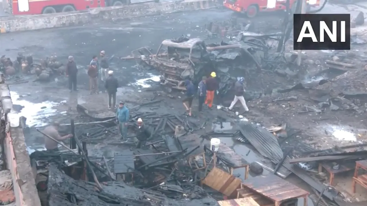 Aftermath of the incident when a fire broke out in an LPG cylinders-laden truck near Bhopura Chowk in Loni, Ghaziabad in Uttar Pradesh