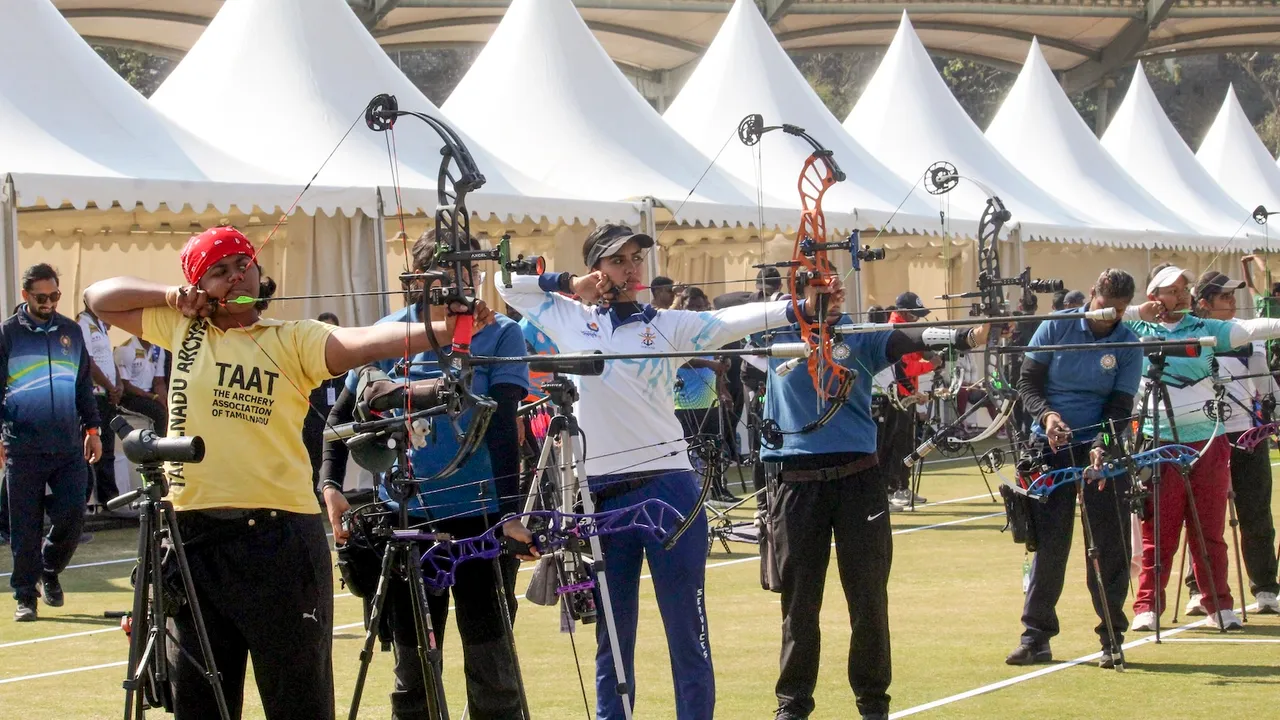 Archers compete during the 38th National Games at Maharana Pratap Sports College in Dehradun on Saturday, Feb. 1, 2025.