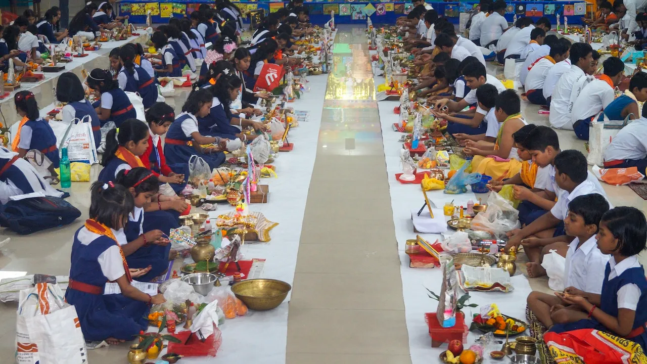 School students offer prayers to Goddess Saraswati amid ?Basanta Panchmi? festivities at Saraswati Shishu Vidya Mandir (SSVM) in Bhubaneswar, Odisha on Sunday, Feb. 2, 2025.