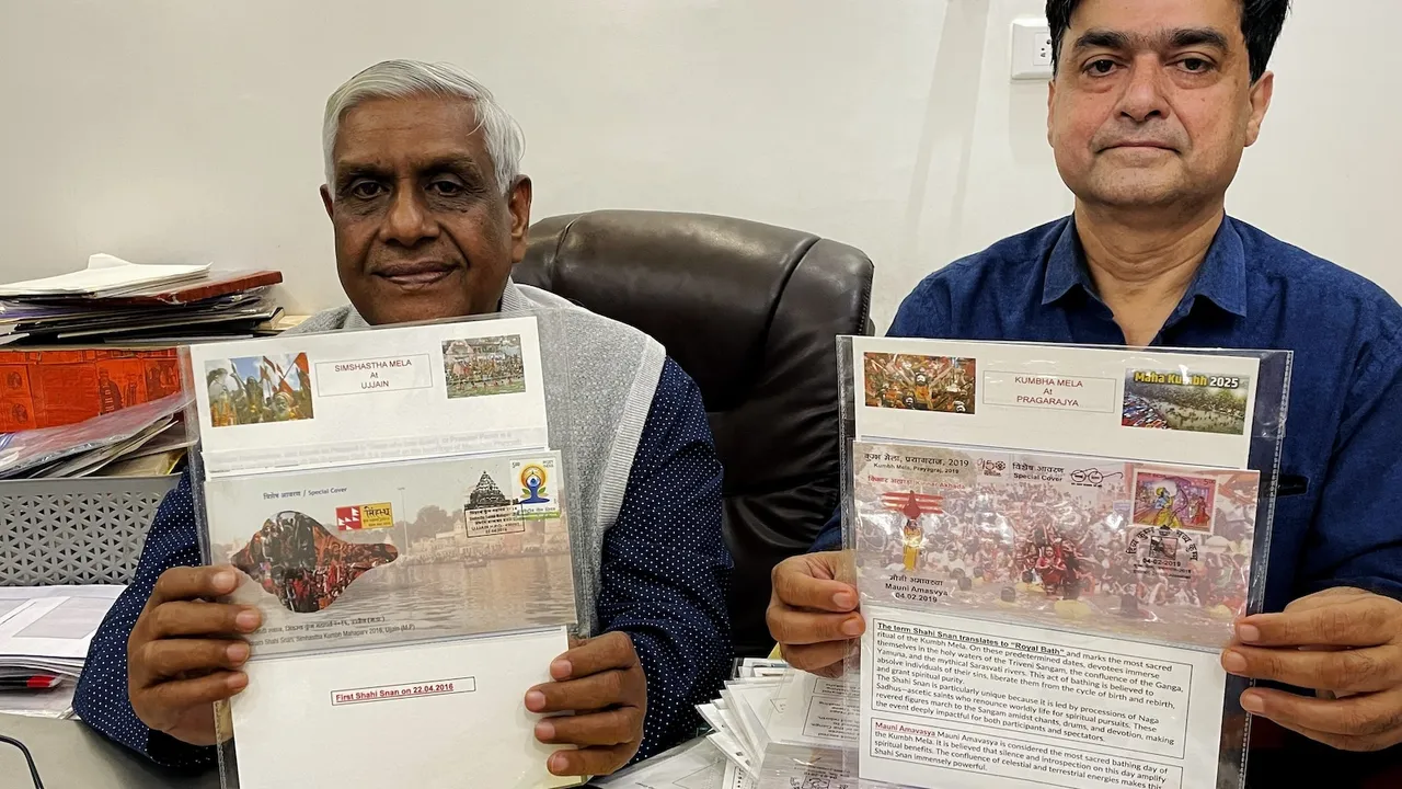 Indore-based philatelists Om Prakash Kedia and Alok Khadiwala display their collections of special postage stamps and covers released over the years on the Prayagraj Mahakumbh and Ujjain Simhastha.