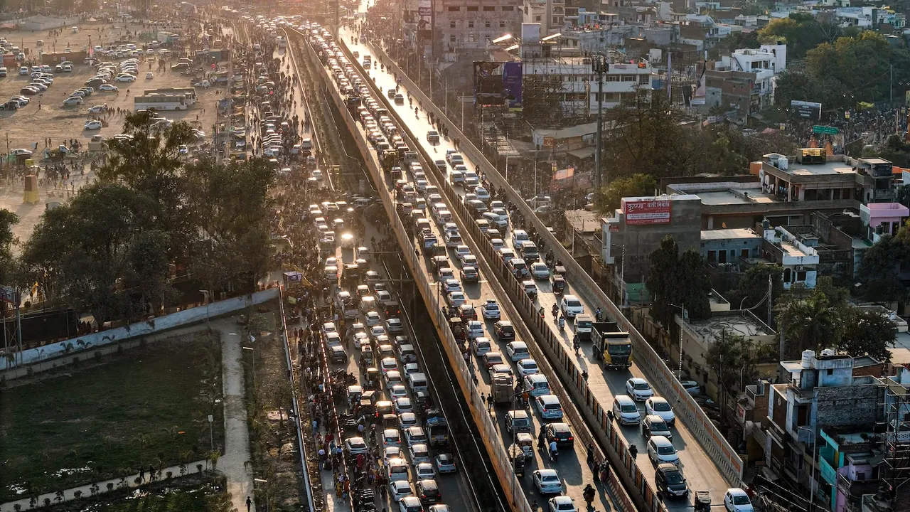 Vehicles stuck on the Sohabatiya Bagh flyover during the Mahakumbh Mela in Prayagraj on Saturday, Feb. 8, 2025.