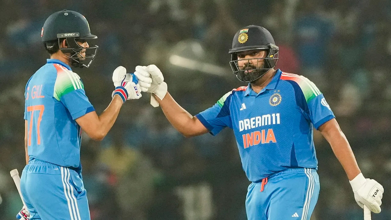 Rohit Sharma and Shubman Gill during the second One Day International (ODI) cricket match of a series between India and England, at Barabati Stadium, in Cuttack, Odisha, Sunday, Feb. 9, 2025. 