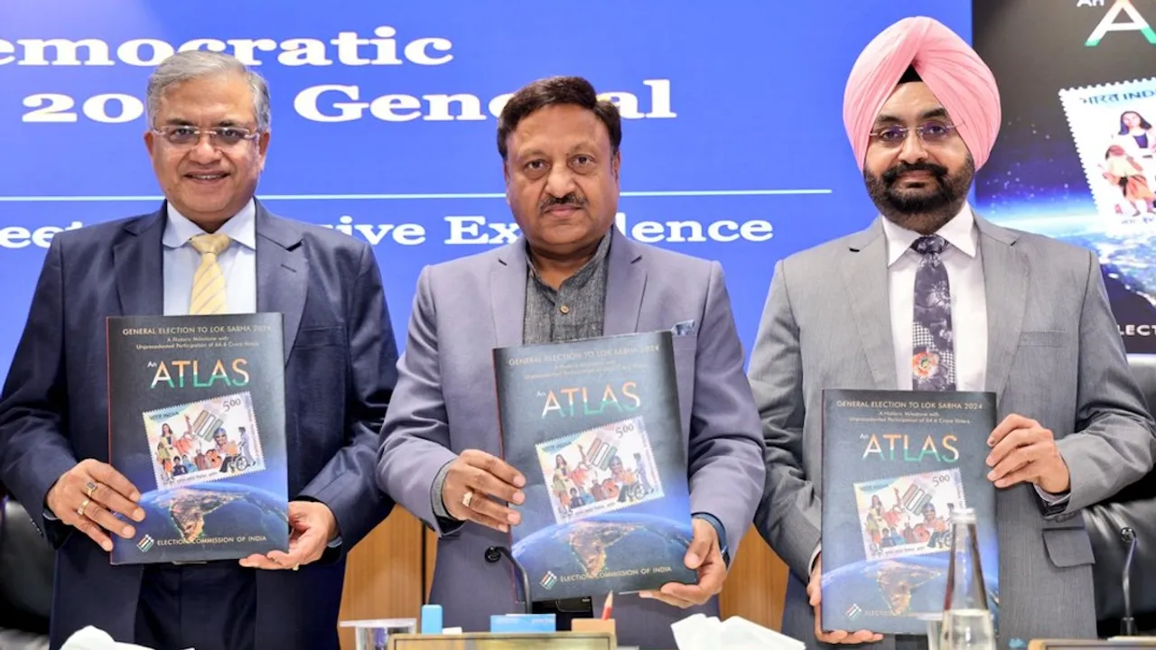 CEC Rajiv Kumar (centre) along with ECs Gyanesh Kumar and Dr. Sukhbir Singh Sandhu unveiled ‘General Elections 2024 – An Atlas’ in New Delhi on Wednesday, Feb 12, 2025.