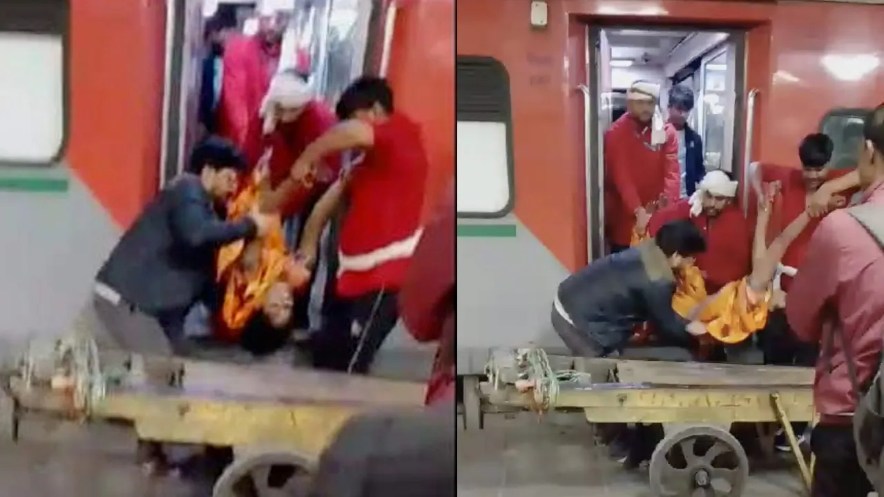 A woman, who fell unconscious, being taken on a trolly from a train at the New Delhi railway station on Saturday, Feb. 15, 2025.