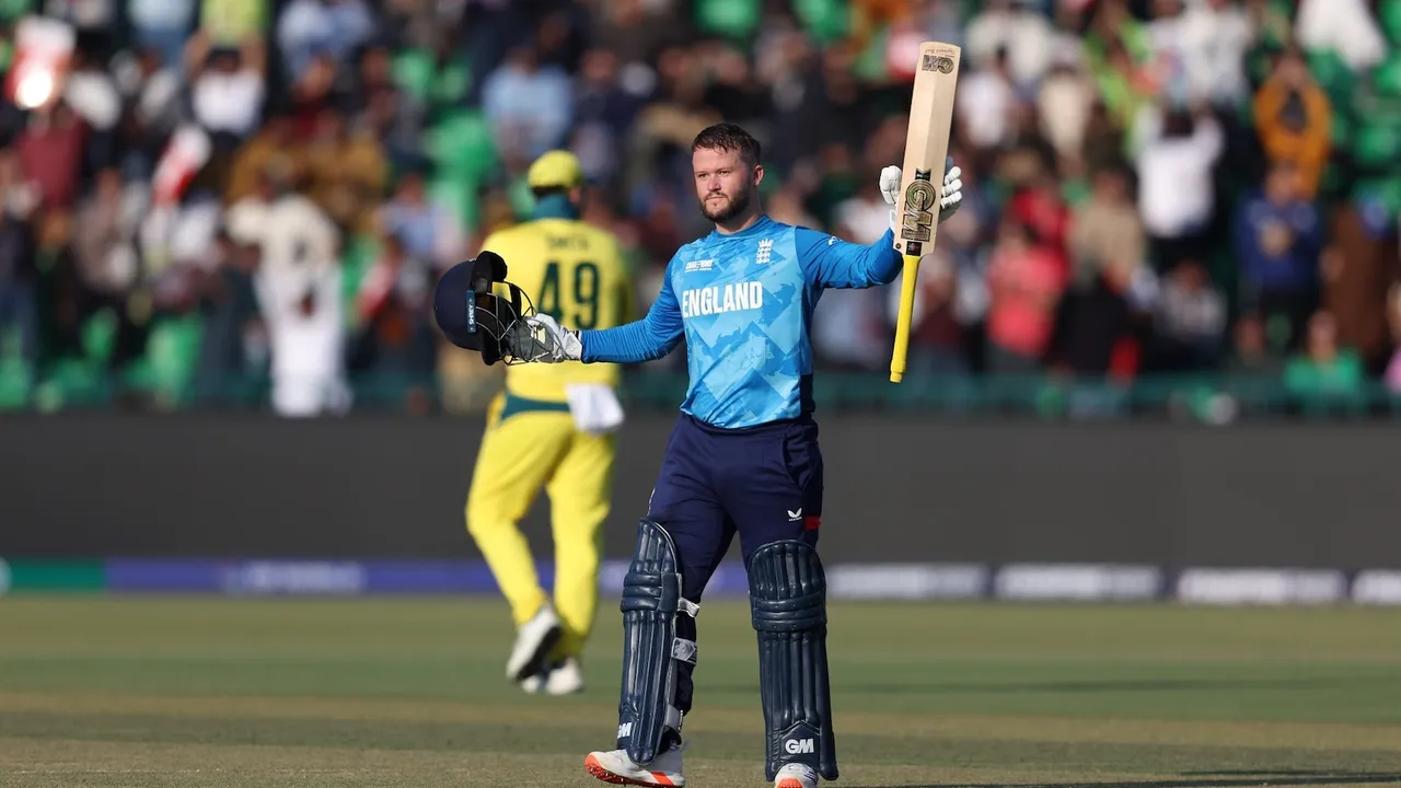 England's Ben Duckett celebrates his career-best 165 against Australia in their Champions Trophy Group B opening match in Lahore on Saturday, Feb 22, 2025.