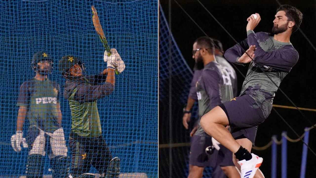 Naseem Shah (left), Shaheen Afridi (right) during a practice session ahead of ICC Champions Trophy match between India and Pakistan at Dubai International Cricket Stadium on Friday, Feb. 21, 2025.