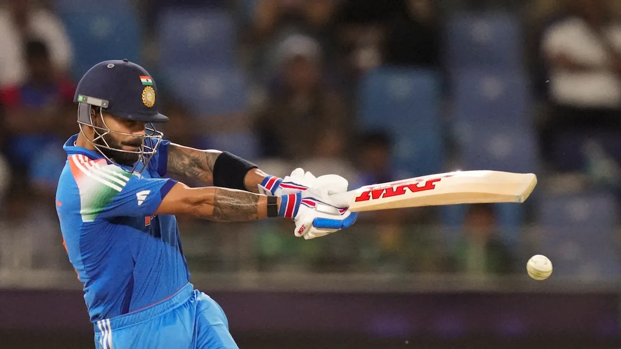 Virat Kohli plays a shot during Champions Trophy match against Pakistan in Dubai on Sunday, Feb. 23, 2025.