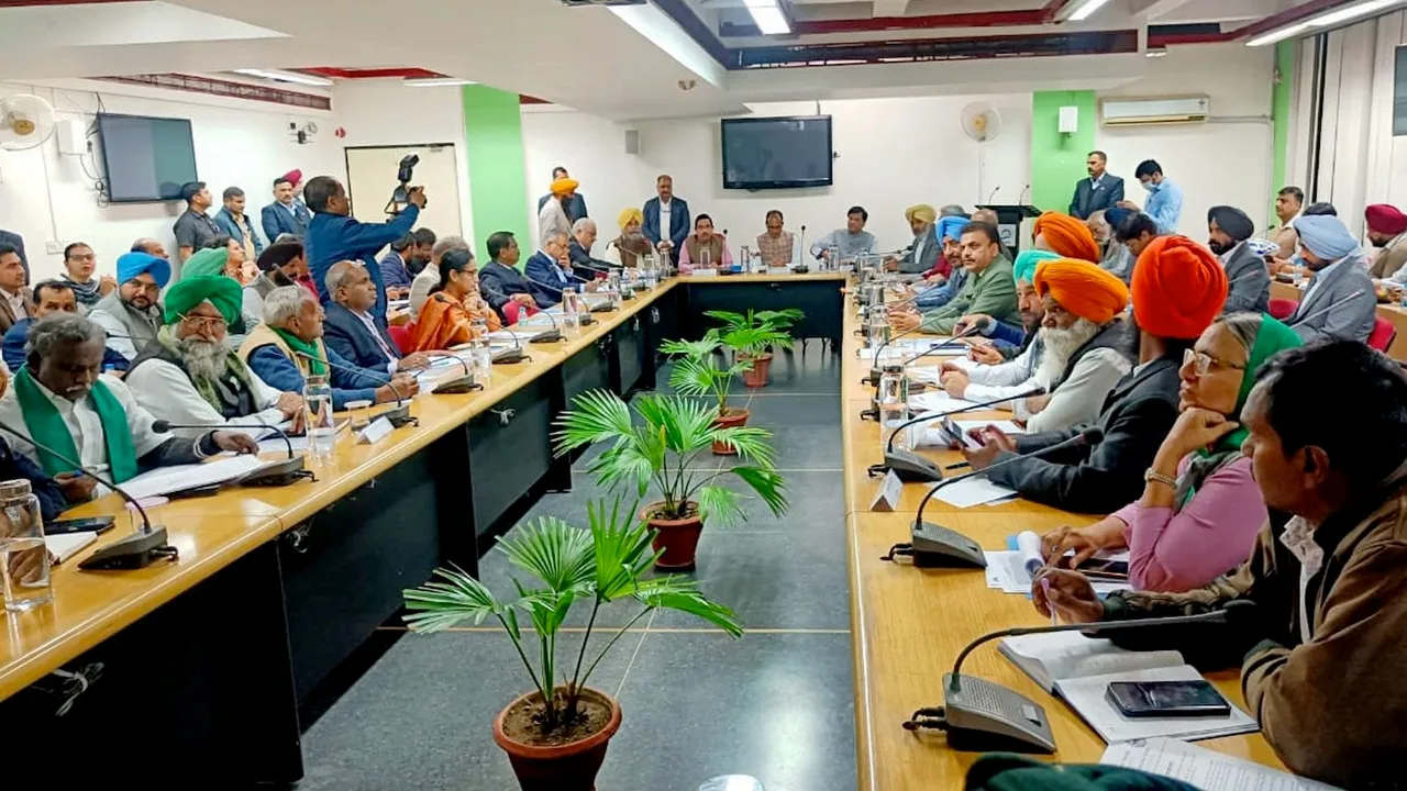 Union Minister of Agriculture and Farmers Welfare Shivraj Singh Chouhan and Union minister Pralhad Joshi during a meeting with protesting farmer, at Mahatma Gandhi Institute of Public Administration in Chandigarh on Saturday, Feb 22, 2025.