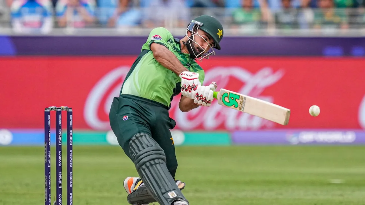 Pakistan's Khushdil Shah plays a shot during ICC Champions Trophy match against India in Dubai on Sunday, Feb. 23, 2025. 