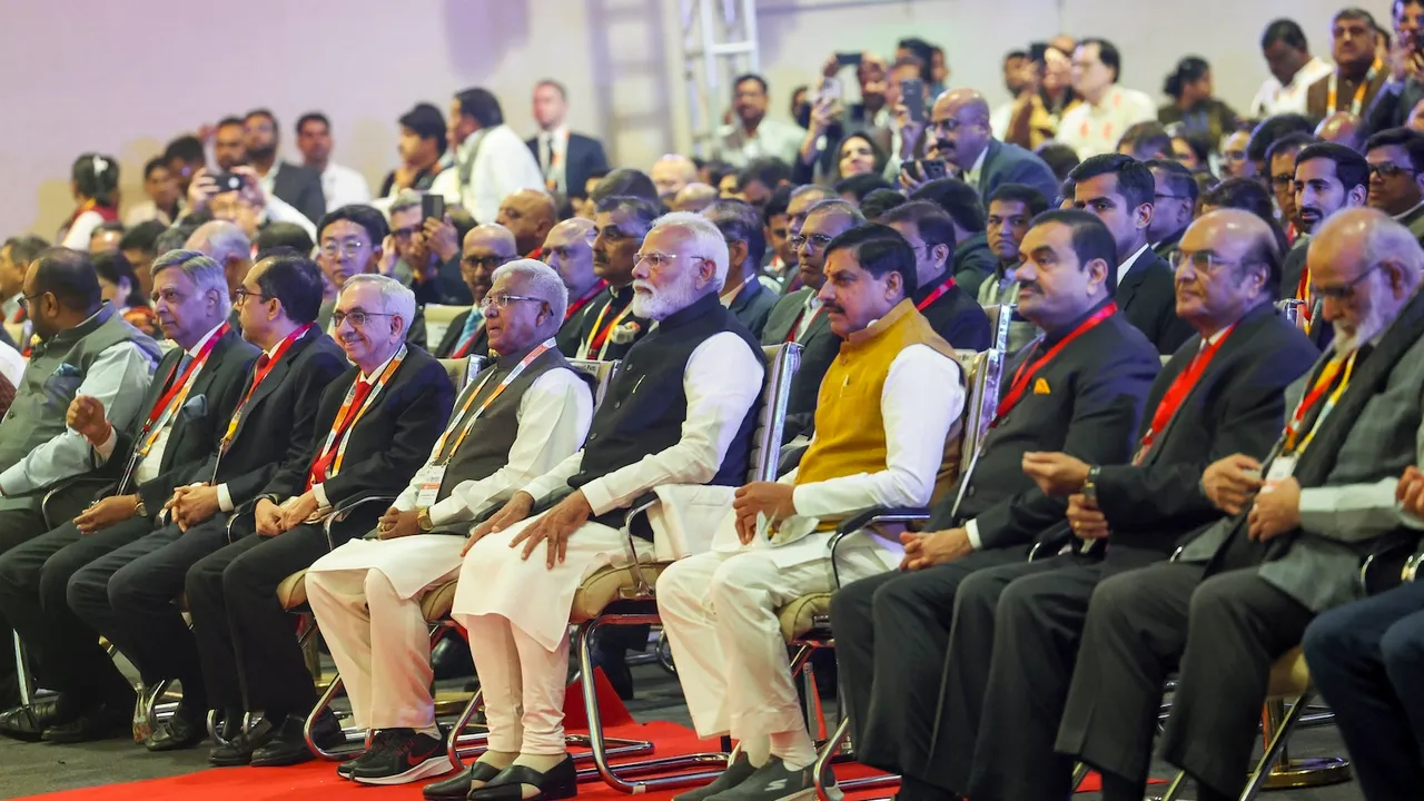 Prime Minister Narendra Modi with Madhya Pradesh Governor Mangubhai C. Patel and Chief Minister Mohan Yadav during the Global Investors Summit 2025 in Bhopal on Monday, Feb 24, 2025. Adani Group Chairman Gautam Adani is also seen.