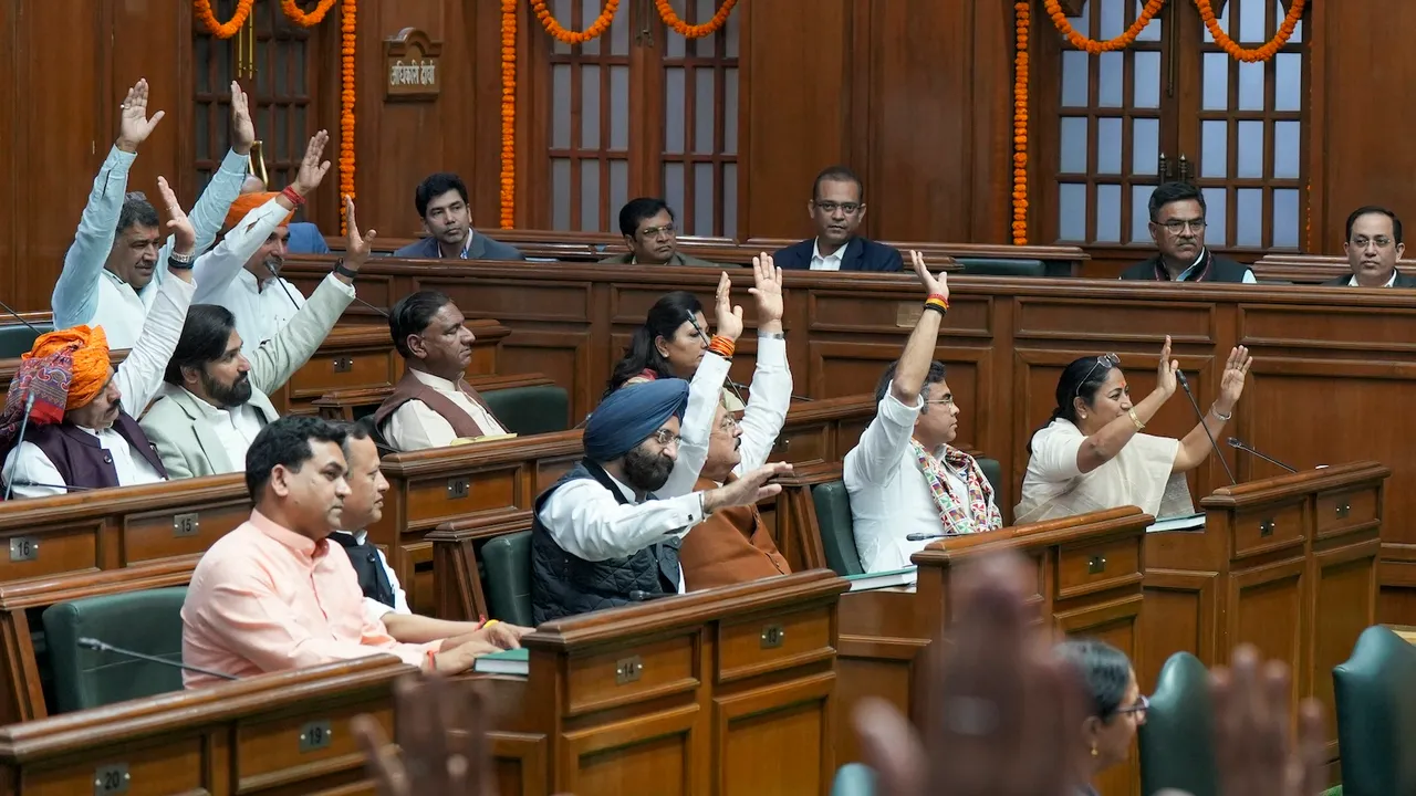 Delhi Chief Minister Rekha Gupta, cabinet ministers Parvesh Verma, Ashish Sood, Manjinder Singh Sirsa, Ravinder Indraj Singh and Kapil Mishra during assembly session on Monday, Feb 24, 2025.
