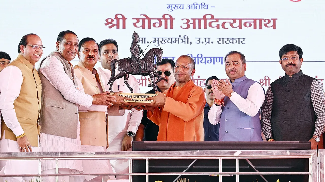UP CM Yogi Adityanath attends a program organized for the unveiling of the statue of Maharana Pratap, in Gautam Buddha Nagar district on Saturday, March 8, 2025.