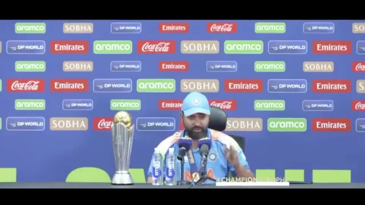 Rohit Sharma addresses a press conference after winning Champions Trophy in Dubai on Sunday, March 9, 2025.