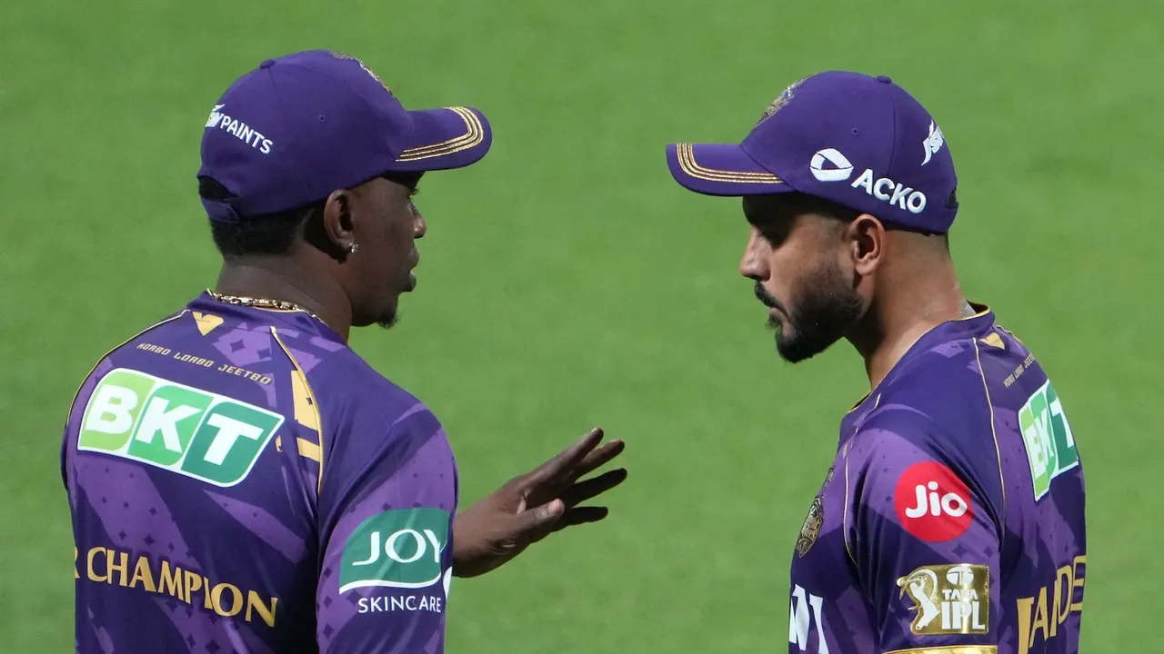 KKR mentor Dwayne Bravo busy with Manish Pandey during a training session ahead of IPL 2025 at Eden Garden in Kolkata on Monday, March 17, 2025.