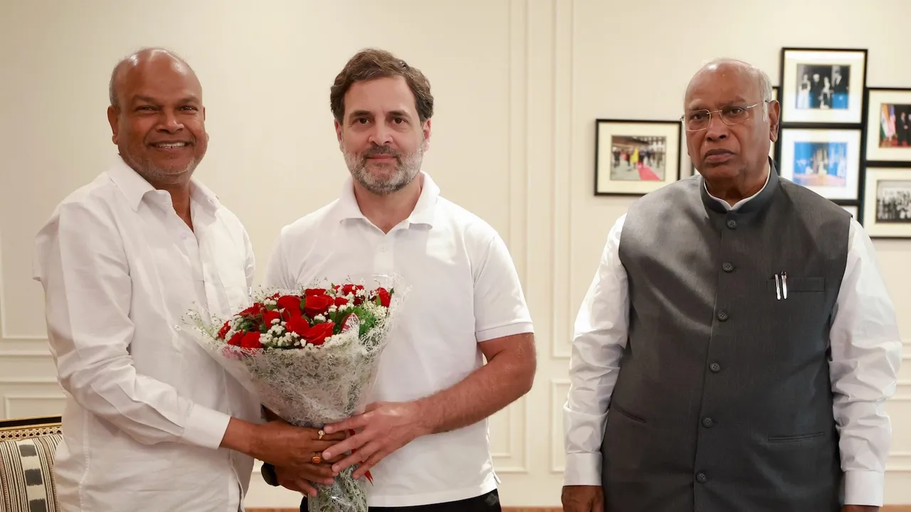 Congress President Mallikarjun Kharge and Leader of Opposition in the Lok Sabha Rahul Gandhi with the newly appointed Bihar Congress President Rajesh Kumar in New Delhi on Wednesday, March 19, 2025.