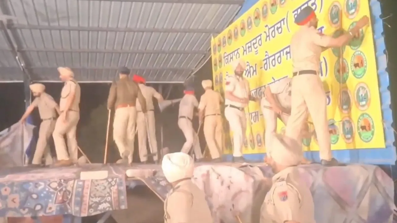 Police dismantle farmers' camps at the protest site at Ambala border on Wednesday, March 19, 2025.