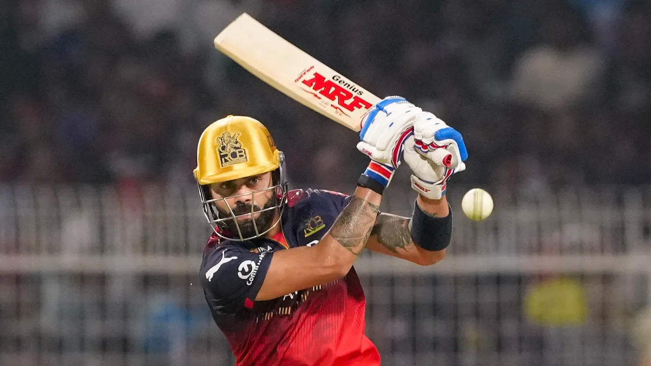 Royal Challengers Bengaluru's Virat Kohli plays a shot during the IPL match against Kolkata Knight Riders at Eden Gardens in Kolkata on Saturday, March 22, 2025.
