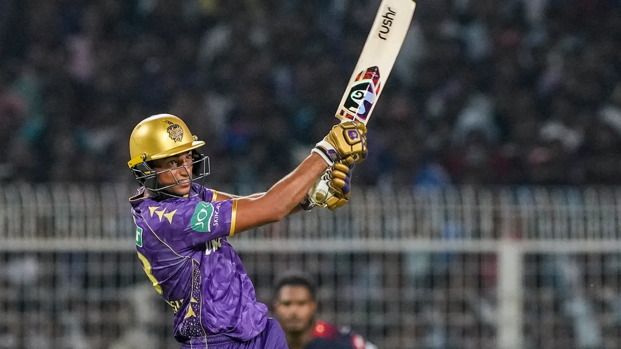 Kolkata Knight Riders’ Angkrish Raghuvanshi plays a shot during the IPL match against Royal Challengers Bengaluru at Eden Gardens in Kolkata on Saturday, March 22, 2025.
