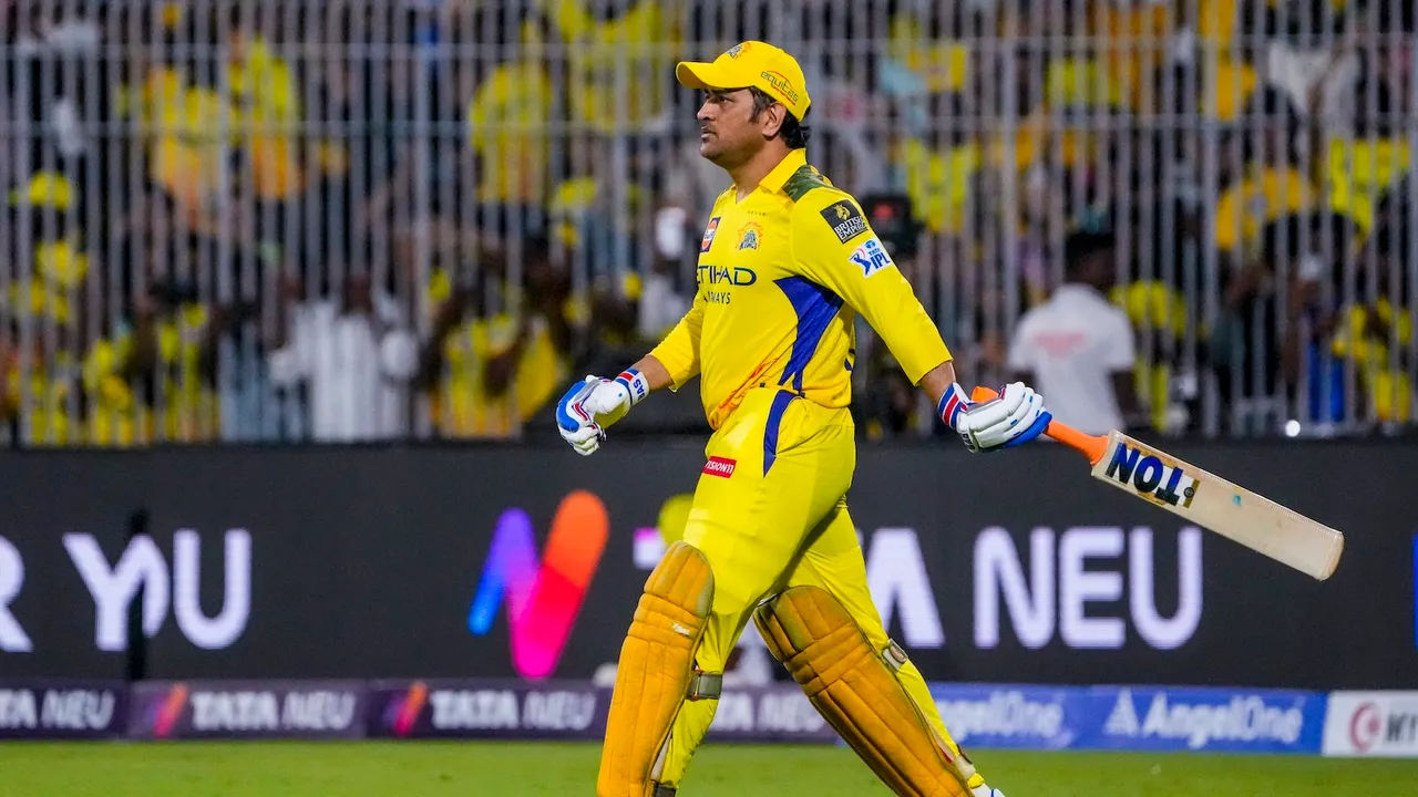 Chennai Super King's Mahendra Singh Dhoni in an IPL match against Mumabi Indians at MA Chidambaram Stadium on Sunday, March 23, 2025.