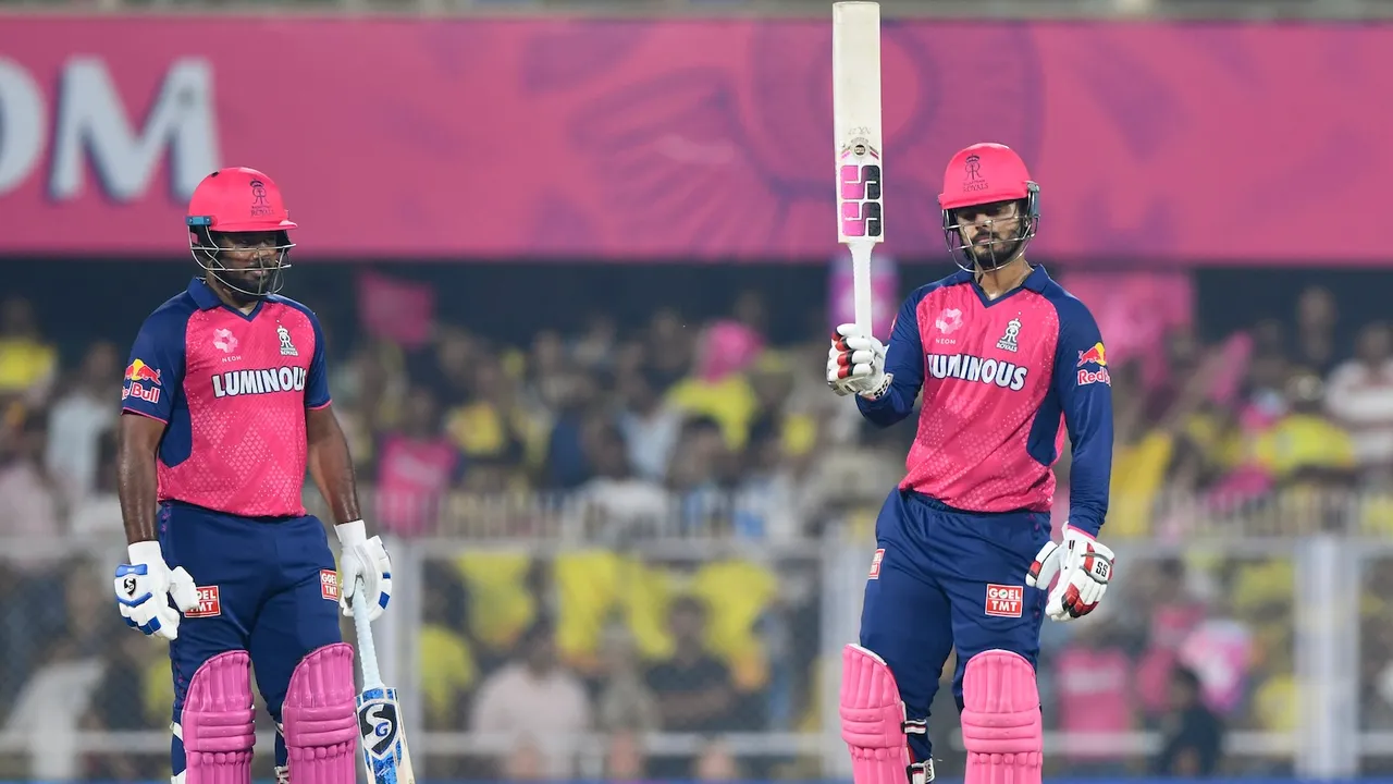 Rajasthan Royals batter Nitish Rana celebrates his fifty runs during an IPL match against Chennai Super Kings at Barsapara Cricket Stadium in Guwahati on Sunday, March 30, 2025.