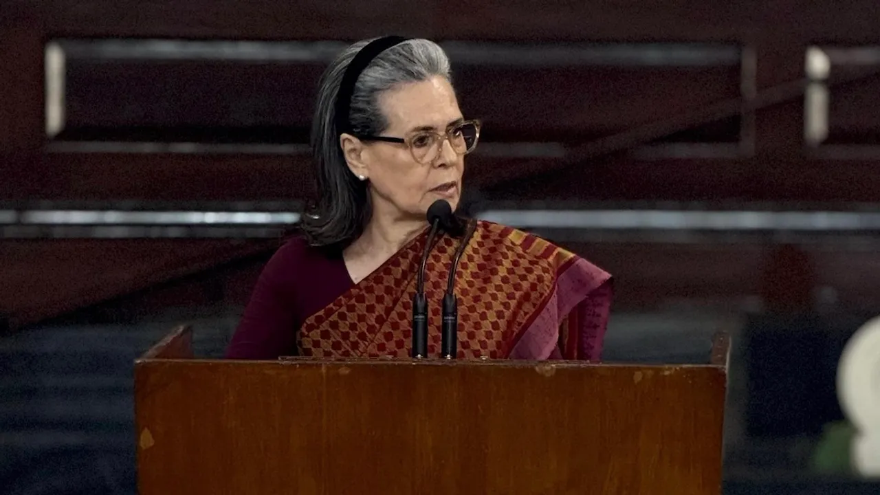 Sonia Gandhi addresses Congress MPs at a meeting of the Congress Parliamentary Party in Samvidhan Sadan in New Delhi on Thursday, April 3, 2025.