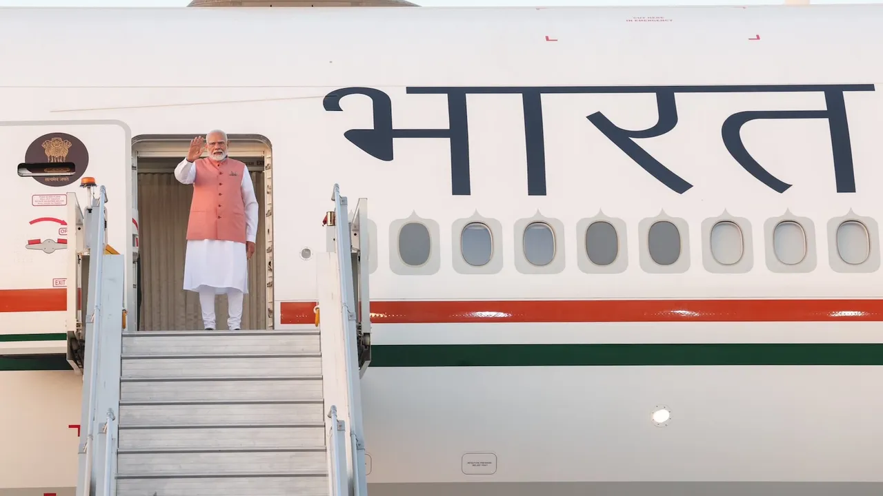 Prime Minister Narendra Modi emplanes for his visit to Thailand and Sri Lanka on Thursday, April 3, 2025.
