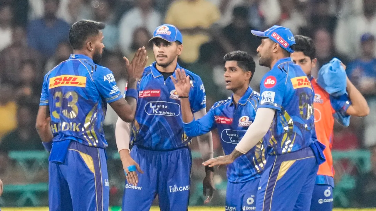 Mumbai Indians' Hardik Pandya with teammates celebrates the wicket of Lucknow Super Giants' Aiden Markram during an IPL match against Lucknow Super Giants in Lucknow on Friday, April 4, 2025.