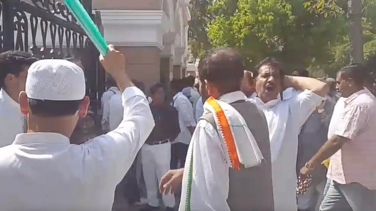 Jammu and Kashmir Congress leaders protest against state unit chief Tariq Hameed Karra and former president Ghulam Ahmed Mir outside the party headquarters in New Delhi on Saturday, April 5, 2025.