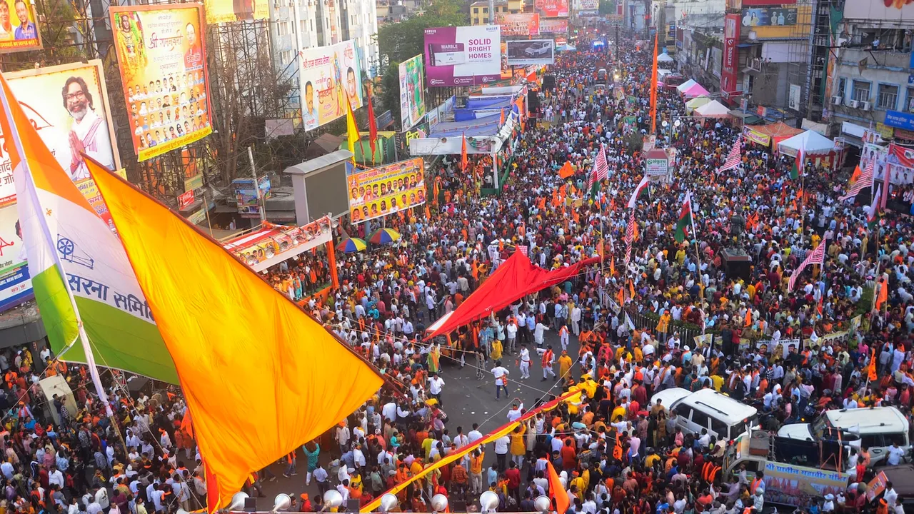 People take part in a religious procession on the occasion of Ram Navami in Ranchi on Sunday, April 6, 2025.