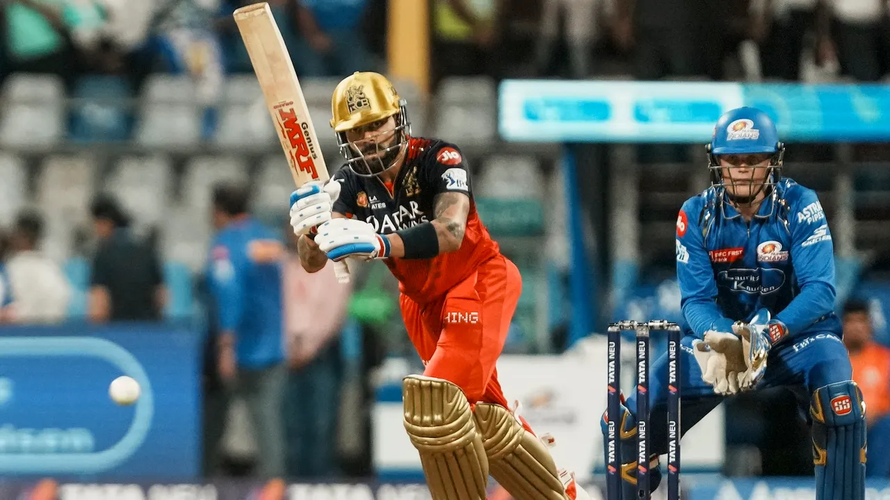 Royal Challengers Bengaluru's Virat Kohli plays a shot during the IPL match against Mumbai Indians at the Wankhede Stadium in Mumbai, Monday, April 7, 2025.